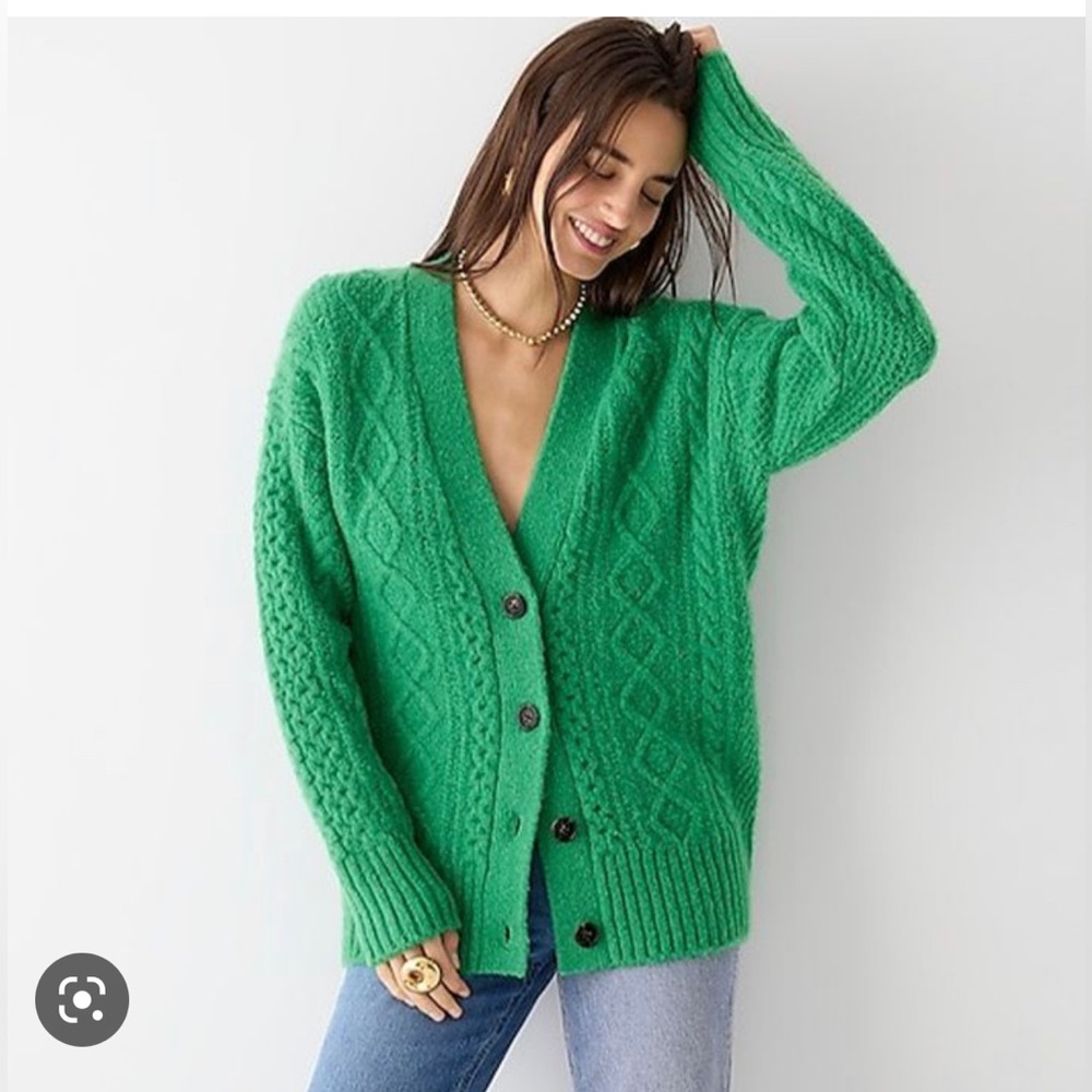 J. Crew Kelly green cable knit stretch wool cardigan sweater